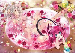 Rule 34 | 2girls, :d, ass, asymmetrical horns, bad id, bad pixiv id, barefoot, bath, bathing, bathtub, bendy straw, blue eyes, blush, breasts, candle, carmilla (fate), carnelian, cup, curled horns, curly hair, dragon girl, dragon horns, dragon tail, drinking glass, drinking straw, elizabeth bathory (fate), elizabeth bathory (fate/extra ccc), fate/extra, fate/extra ccc, fate/grand order, fate (series), feet, flower, food, hair flower, hair ornament, hair over breasts, head rest, horns, ice cream, ice cream float, interlocked fingers, leg up, long hair, looking at viewer, multiple girls, navel, nude, open mouth, petals, petals on liquid, pink flower, pink hair, pink rose, pointy ears, red flower, red hair, red rose, rose, rose petals, same-sex bathing, shared bathing, small breasts, smile, solo focus, tail, two side up, uneven horns, water, white flower, white hair, white rose, yellow eyes