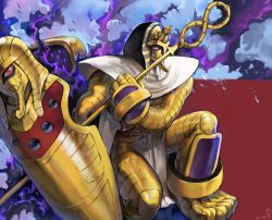 Rule 34 | 1boy, armor, artist name, cape, digimon, digimon (creature), digimon xros wars, egyptian clothes, gloves, highres, level-00, male focus, mask, monster, mummy, pharaohmon, red eyes, shield, smoke, solo, staff