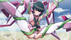 Rule 34 | 1girl, black hair, blunt bangs, bound, breasts, commission, covered erect nipples, leotard, long hair, pink eyes, pink leotard, restrained, senki zesshou symphogear, shiny skin, skeb commission, skirt, small breasts, solo, spread legs, sweat, tentacles, tentacles under clothes, thighhighs, tsukuyomi shirabe, twintails, uganda (ugandam 00)
