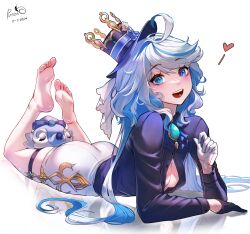 Rule 34 | 1girl, absurdres, bare shoulders, blue eyes, blue hair, blue hat, furina (genshin impact), genshin impact, hat, highres, light blue hair, looking at viewer, lying, on stomach, open mouth, pumiss, shorts, smile, solo, the pose
