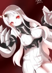 Rule 34 | 10s, 1girl, abyssal ship, bad id, bad pixiv id, breasts, claws, dress, dutch angle, female focus, glowing, glowing eyes, highres, horns, kantai collection, large breasts, long hair, looking at viewer, nebusoku, red background, red eyes, ribbed dress, seaport princess, short dress, single horn, solo, twitter username, very long hair, white hair