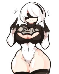 Rule 34 | 1girl, black blindfold, blindfold, breasts, ch3rrycupcakes, cleavage, cleavage cutout, clothing cutout, covered navel, curvy, elbow gloves, gloves, hairband, highres, large breasts, leotard, nier (series), nier:automata, short hair, narrow waist, smile, solo, thick thighs, thighhighs, thighs, white background, white hair, wide hips, 2b (nier:automata)