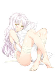 Rule 34 | 1girl, absurdres, bandages, barefoot, caren hortensia, fate/hollow ataraxia, fate (series), grey hair, highres, long hair, nude, solo, veaml, white hair, yellow eyes