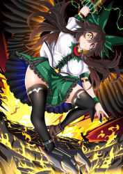 Rule 34 | &gt;:(, 1girl, arm belt, arm cannon, arm up, asymmetrical footwear, belt, bird wings, black hair, black thighhighs, black wings, bouncing breasts, bow, breasts, broken ground, closed mouth, commentary request, energy, fingernails, fire, floating hair, frilled skirt, frills, from below, full body, glowing, glowing weapon, green bow, green skirt, hair between eyes, hair bow, high heels, highres, huge bow, large breasts, leaning forward, long bangs, long hair, looking at viewer, metal, miniskirt, mismatched footwear, nail polish, outstretched arms, parted bangs, radiation symbol, red eyes, red nails, reiuji utsuho, rihito (usazukin), serious, shirt, shoes, short sleeves, single shoe, skirt, solo, spread wings, symbol-shaped pupils, thighhighs, third eye, touhou, unaligned breasts, v-shaped eyebrows, very long hair, weapon, white shirt, wings, wristband, zettai ryouiki