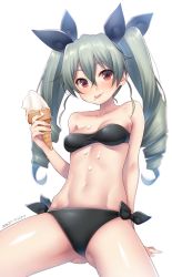 Rule 34 | 10s, 1girl, 2015, :p, anchovy (girls und panzer), arm support, ass, bandeau, bare arms, bare shoulders, bikini, black bikini, breasts, cowboy shot, dated, drill hair, food, food on body, food on face, girls und panzer, gluteal fold, green hair, hair between eyes, hair ribbon, hattori masaki, holding, holding food, ice cream, ice cream cone, long hair, looking at viewer, melting, navel, red eyes, ribbon, shiny skin, side-tie bikini bottom, sitting, small breasts, soft serve, solo, stomach, strapless, suggestive fluid, swimsuit, toned, tongue, tongue out, tube top, twin drills, twintails, white background