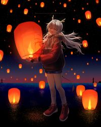 Rule 34 | 1girl, absurdres, closed eyes, commentary, drawstring, english commentary, english text, facing viewer, full body, hair between eyes, highres, holding, hood, hood down, hoodie, horns, ice s s z, lantern, lighthouse, long hair, long sleeves, low twintails, night, night sky, ocean, open mouth, original, red footwear, shoes, short shorts, shorts, signature, sky, socks, solo, star (sky), starry sky, twintails, very long hair, water, white hair, white socks