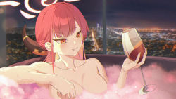 Rule 34 | 1girl, alcohol, aru (blue archive), bath, bathing, bathtub, blue archive, blush, breasts, bubble, city lights, cleavage, collarbone, cup, demon horns, drinking glass, elbow rest, halo, highres, holding, holding cup, horns, medium breasts, myuryuneko, night, night sky, orange eyes, partially submerged, red hair, red wine, sky, smile, soap bubbles, solo, window, wine, wine glass
