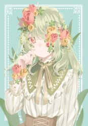 1girl ake_blood aqua_background arm_at_side blush brown_choker brown_skirt choker closed_mouth collared_shirt commentary_request flower frilled_shirt_collar frills green_flower green_hair hair_flower hair_ornament hair_over_shoulder hand_on_own_cheek hand_on_own_face hand_up highres inset_border leaf looking_at_viewer looking_to_the_side medium_hair one_eye_covered original plant red_eyes red_flower red_rose ribbon_choker rose shirt shirt_tucked_in simple_background skirt solo striped_clothes striped_shirt upper_body vertical-striped_clothes vertical-striped_shirt vines white_shirt yellow_flower yellow_rose