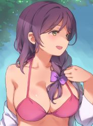 Rule 34 | 1girl, :d, alternate hairstyle, bikini, bow, braid, breasts, cleavage, collarbone, duke (inu daimyou), green eyes, hair bow, hair over shoulder, halterneck, hand up, large breasts, long hair, love live!, love live! school idol project, open clothes, open mouth, open shirt, purple bow, red bikini, shirt, single braid, smile, solo, swimsuit, tojo nozomi, upper body, white shirt