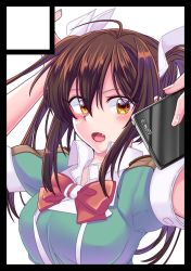 Rule 34 | 1girl, bad id, bad twitter id, black border, blush, border, bow, bowtie, breasts, brown eyes, brown hair, cellphone, collared shirt, commentary request, fang, fingernails, hair between eyes, holding, holding phone, kantai collection, long hair, looking at viewer, medium breasts, open mouth, phone, red bow, red bowtie, selfie, shirt, short sleeves, smartphone, solo, taking picture, tone (kancolle), wing collar, yami (m31)