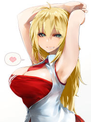 Rule 34 | 1girl, absurdres, antenna hair, armpits, arms up, blonde hair, breasts, cleavage, green eyes, grin, hair between eyes, heart, highres, large breasts, long hair, red neckwear, simple background, sleeveless, smile, solo, spoken heart, susumu, tsurumaki maki, vest, voiceroid, white background, white vest