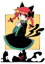 Rule 34 | 1girl, animal ears, asameshi, black bow, black footwear, black hair, blush stickers, bow, braid, cat ears, cat tail, commentary, extra ears, full body, hair bow, hands up, highres, kaenbyou rin, long hair, long sleeves, looking at viewer, multiple tails, neck ribbon, pointy ears, red eyes, red hair, red ribbon, ribbon, shoes, simple background, smile, solo, tail, touhou, twin braids, two tails, white background, wide sleeves, yellow background
