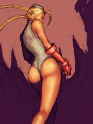 Rule 34 | 1girl, ahoge, ass, bare shoulders, blonde hair, blue leotard, braid, cammy white, capcom, fingerless gloves, from behind, fumio (rsqkr), garrison cap, gloves, half-closed eyes, halterneck, hat, kneepits, leotard, long hair, looking at viewer, looking back, profile, red gloves, ribbed leotard, sketch, solo, standing, street fighter, thong, thong leotard, turtleneck, twin braids, vambraces, very long hair