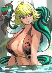 Rule 34 | 1girl, ahoge, amazon warrior, animal, animal on shoulder, aosora2823, blonde hair, blunt bangs, bra, breasts, brown bra, closed mouth, commentary, english commentary, fangs, highres, in water, looking to the side, marguerite (one piece), one piece, partially submerged, short hair, sidelocks, smile, snake, tree, underwear, upper body