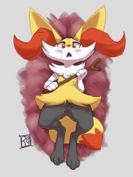 Rule 34 | 1girl, animal ears, animal hands, blush, braixen, breasts, clitoris, creatures (company), fang, female focus, fox ears, fox tail, from above, full body, furry, furry female, game freak, gen 6 pokemon, grey background, hands up, highres, jpeg artifacts, looking at viewer, looking down, lying, nintendo, nipples, nude, on back, open mouth, pokemon, pokemon (creature), pokemon xy, pussy, red eyes, reign-2004, simple background, small breasts, solo, spread legs, stick, tail, teeth, text focus, uncensored, watermark
