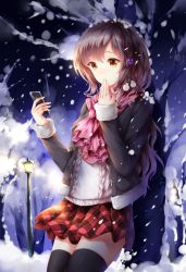 Rule 34 | 1girl, against tree, black sweater, black thighhighs, brown hair, cellphone, covering own mouth, hand over own mouth, highres, holding, holding phone, long hair, looking at phone, night, original, outdoors, phone, pleated skirt, red skirt, skirt, smartphone, snow, snowing, solo, sweater, thighhighs, tree, wsman, yellow eyes, zettai ryouiki