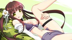 Rule 34 | 1girl, :p, arm at side, bare legs, bare shoulders, blunt bangs, breasts, breasts out, brown hair, closed mouth, crop top, feet out of frame, floating hair, flower, from side, gochuumon wa usagi desu ka?, green eyes, grey shirt, grey shorts, hair flower, hair ornament, hair ribbon, highres, hou (hachiyou), large breasts, leg hold, leg up, legs, long hair, looking at viewer, lying, midriff, navel, nipples, on back, partially unzipped, ribbon, shirt, short shorts, shorts, sidelocks, sleeveless, sleeveless shirt, smile, solo, thigh strap, tongue, tongue out, twintails, ujimatsu chiya, very long hair, white ribbon