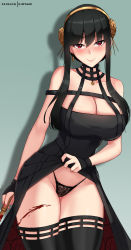 Rule 34 | 1girl, absurdres, black dress, black gloves, black hair, black panties, black thighhighs, blood, blood on leg, bloody weapon, blush, breasts, cleavage, closed mouth, clothes lift, cowboy shot, curvy, dress, dress lift, fingerless gloves, gloves, highres, hioyami, holding, holding weapon, large breasts, lifting own clothes, long hair, looking at viewer, nail polish, panties, red eyes, red nails, shadow, sidelocks, solo, spy x family, thick thighs, thighhighs, thighs, two-sided dress, two-sided fabric, underwear, weapon, wide hips, yor briar