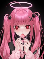 Rule 34 | 1other, ahoge, black collar, black nails, black sailor collar, collar, collarbone piercing, cross, ear piercing, fangs, food, hair bobbles, hair intakes, hair ornament, halo, highres, hime cut, holding, holding food, long sleeves, nail art, nail polish, ompf, open mouth, original, piercing, pink hair, pink nails, pink theme, red eyes, ringed eyes, sailor collar, spiked collar, spikes, twintails, veins, veinte, x hair ornament, yami kawaii