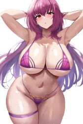 Rule 34 | 1girl, absurdres, armpits, arms up, bikini, blush, breasts, fate/grand order, fate (series), highres, jasony, large breasts, long hair, navel, parted lips, purple bikini, purple hair, red eyes, scathach (fate), scathach (fate/grand order), scathach (swimsuit assassin) (fate), simple background, solo, stomach, swimsuit, thick thighs, thigh strap, thighs, very long hair, wet, white background