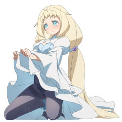 Rule 34 | 1girl, blonde hair, blue eyes, blush, clothes lift, dress, dress lift, eve (gundam build divers re:rise), female focus, gundam, gundam build divers, gundam build divers re:rise, highres, hizaura, kneeling, long hair, low twintails, pantyhose, purple pantyhose, simple background, smile, solo, twintails, white background, white dress, wide sleeves