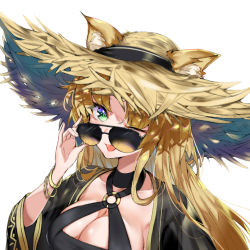 Rule 34 | 1girl, ;d, animal ears, arknights, aviator sunglasses, bikini, black bikini, blonde hair, bracelet, breasts, cleavage, commentary request, green eyes, hat, highres, jewelry, long hair, looking at viewer, looking over eyewear, looking over glasses, o-ring, one eye closed, open mouth, photoshop (medium), revision, simple background, smile, solo, srpzk, straw hat, sunglasses, swimsuit, swire (arknights), tiger ears, tinted eyewear, white background, yellow-tinted eyewear, yellow-tinted glasses