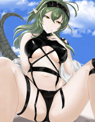 Rule 34 | 1girl, absurdres, antenna hair, arknights, bare shoulders, breasts, crocodilian tail, gavial (arknights), green hair, hair between eyes, highres, long hair, looking at viewer, medium breasts, navel, official alternate costume, pointy ears, smile, solo, stomach, swimsuit, tail, thighs, tian kazuki, yellow eyes