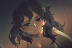 Rule 34 | 1girl, black eyes, black hair, blush, borrowed character, breasts, cleavage, collarbone, commentary, english commentary, executioner maid (centuriic), from below, heavy breathing, highres, large breasts, long hair, looking at viewer, nude, original, parted bangs, porforever, pov, solo, sweat, wavy hair