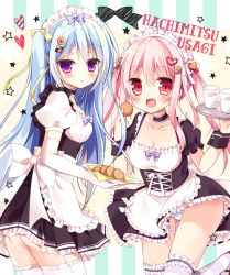 Rule 34 | 2girls, ass, blue hair, breasts, cleavage, collarbone, elbow gloves, eyebrows, fang, frilled legwear, from side, garter straps, gloves, hair ornament, hair ribbon, heart, heart hair ornament, highres, holding, kiyui (honey citron), leg up, long hair, looking at viewer, maid, medium breasts, multiple girls, neck garter, open mouth, original, panties, pink hair, puffy short sleeves, puffy sleeves, purple eyes, purple ribbon, red eyes, ribbon, short sleeves, star (symbol), striped clothes, striped legwear, striped panties, thighhighs, underwear, white gloves, white legwear, wrist cuffs, yellow ribbon