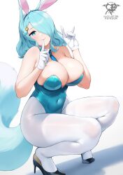 Rule 34 | 1girl, \m/, absurdres, animal ears, artist name, bare shoulders, between breasts, black footwear, blue eyes, blue hair, blue leotard, blue necktie, breasts, bursting breasts, collarbone, covered navel, detached collar, fake animal ears, finger to mouth, gloves, hair ornament, hair over one eye, heart, heart hair ornament, high heels, highres, hinari (kaos art), huge breasts, index finger raised, kaos art, leotard, looking at viewer, medium hair, necktie, necktie between breasts, original, pantyhose, patreon username, playboy bunny, revealing clothes, skin tight, sleeveless, smile, solo, squatting, strapless, strapless leotard, tail, white gloves, white pantyhose