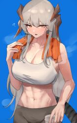 Rule 34 | 1girl, 360 (taiyo360), abs, absurdres, arknights, black pants, blue background, breasts, cleavage, collarbone, dragon horns, grey hair, grey sports bra, highres, horns, large breasts, long hair, looking at viewer, muscular, muscular female, navel, open mouth, orange eyes, pants, saria (arknights), simple background, solo, sports bra, standing, sweat, tight clothes, tight pants, towel, towel around neck, upper body, yoga pants