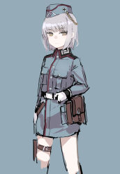 Rule 34 | 1girl, belt, belt pouch, blue background, blue jacket, blue skirt, buttons, closed mouth, cowboy shot, cropped legs, garrison cap, girls&#039; frontline, grey hair, hand on own hip, hat, highres, jacket, looking at viewer, military, military uniform, miniskirt, p08 (girls&#039; frontline), pouch, rampart1028, short hair, simple background, skirt, solo, thigh strap, uniform, yellow eyes