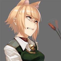 Rule 34 | 10s, 1girl, anger vein, angry, animal ears, bell, blonde hair, breasts, cat ears, cattail, clenched teeth, collar, grey background, kuraishi tanpopo, medium breasts, neck bell, plant, scowl, short hair, snarl, solo, sweater vest, teeth, tef, witch craft works, yellow eyes
