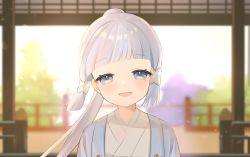 1girl aged_down ayaka_(genshin_impact) blue_eyes blunt_bangs blush child genshin_impact half-closed_eyes japanese_clothes long_hair looking_at_viewer midori_(m_ryokutya) mole mole_under_eye open_mouth ponytail sidelocks smile white_hair