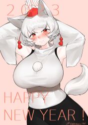 Rule 34 | 1girl, 2023, absurdres, animal ear fluff, animal ears, armpits, blush, breasts, closed mouth, commentary request, covered navel, cowboy shot, detached sleeves, dutch angle, happy new year, hat, highres, huge breasts, impossible clothes, impossible shirt, inubashiri momiji, looking at viewer, new year, pink background, pom pom (clothes), rabbit pose, red eyes, red hat, shirt, short hair, simple background, sleeveless, sleeveless shirt, smile, solo, tail, take (take143000), tokin hat, touhou, twitter username, white hair, white shirt, white sleeves, wolf ears, wolf girl, wolf tail