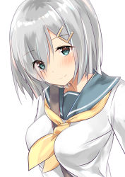 Rule 34 | 10s, 1girl, absurdres, aqua eyes, between breasts, blush, breasts, eyes visible through hair, hair ornament, hair over one eye, hairclip, hamakaze (kancolle), highres, kantai collection, large breasts, looking at viewer, natsu (sinker8c), neckerchief, reaching, reaching towards viewer, school uniform, selfie, serafuku, short hair, silver hair, simple background, smile, solo, strap between breasts, upper body, white background, yellow neckerchief