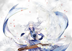 Rule 34 | 1boy, bingxiaojian, bird, feathered wings, feathers, fur trim, highres, horns, instrument, japanese clothes, kimono, long hair, male focus, onmyoji, peacock, peacock feathers, petals, single horn, solo, white hair, wings, yellow eyes, youkinshi (onmyoji)