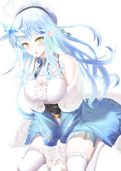 Rule 34 | 1girl, :o, absurdres, ahoge, bare shoulders, belt, beret, black corset, blouse, blue bow, blue bowtie, blue coat, blue hair, blue skirt, blush, bow, bowtie, braid, breasts, breasts squeezed together, brown belt, center frills, cleavage, cleavage cutout, clothing cutout, coat, collared shirt, corset, dutch angle, elf, embarrassed, eyelashes, flower, french braid, frilled shirt, frilled thighhighs, frills, full body, fur-trimmed coat, fur trim, furrowed brow, hair between eyes, hair flower, hair ornament, half updo, hat, heart, heart ahoge, highres, hololive, large breasts, leather belt, long hair, looking at viewer, multicolored hair, nail polish, off shoulder, open mouth, pointy ears, ritohasu 0522, see-through, see-through skirt, shirt, simple background, sitting, skirt, sleeveless, sleeveless shirt, snowflake hair ornament, snowflake print, solo, streaked hair, thighhighs, underbust, virtual youtuber, wariza, white background, white hat, white shirt, white thighhighs, yellow eyes, yukihana lamy