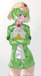 Rule 34 | 1girl, absurdres, arms under breasts, commentary, cowboy shot, crossed arms, elbow gloves, frown, gloves, gradient hair, green gloves, green hair, green jacket, green skirt, grey background, hat, highres, jacket, kemono friends, kemono friends 3, keroro (kemono friends), keroro gunsou, looking at viewer, miniskirt, multicolored hair, open clothes, open jacket, shirt, short hair, short sleeves, simple background, skirt, solo, star (symbol), tanabe (fueisei), thighhighs, white hair, white shirt, yellow eyes, zettai ryouiki