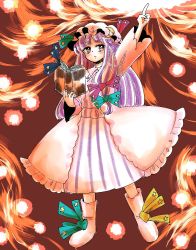 Rule 34 | 1girl, arm up, book, commentary request, crescent, crescent hair ornament, dress, eyebrows, hair ornament, hair ribbon, hat, highres, index finger raised, komaku juushoku, long hair, mob cap, one-hour drawing challenge, patchouli knowledge, pink dress, purple eyes, purple hair, ribbon, royal flare, solo, star (symbol), striped clothes, striped dress, touhou, tress ribbon, wide sleeves