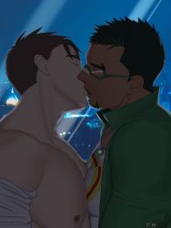 Rule 34 | 2boys, bara, bare pectorals, black hair, couple, dark-skinned male, dark skin, facial hair, from side, glasses, goatee, green hair, green shirt, highres, interracial, jashin doruton, kiss, kyoichi (live a hero), large pectorals, live a hero, male focus, male protagonist (live a hero), multicolored hair, multiple boys, muscular, muscular male, nipples, open clothes, open shirt, pectoral docking, pectoral press, pectorals, shirt, short hair, sideburns, streaked hair, upper body, whistle, whistle around neck, yaoi