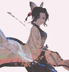 Rule 34 | 1girl, black hair, butterfly hair ornament, cowboy shot, demon slayer uniform, expressionless, fighting stance, floating clothes, from side, gradient clothes, hair ornament, haori, highres, holding, holding sword, holding weapon, japanese clothes, kimetsu no yaiba, kochou shinobu, light particles, lipstick, long sleeves, looking at viewer, looking to the side, makeup, simple background, solo, sword, unsheathed, updo, wavy hair, weapon, whjza, wide sleeves