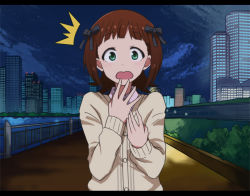 Rule 34 | 1girl, ^^^, amami haruka, blush, brown hair, cityscape, d:, green eyes, idolmaster, idolmaster (classic), kidachi, letterboxed, looking at viewer, night, open mouth, short hair, solo
