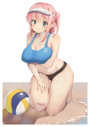 Rule 34 | 1girl, absurdres, aymusk, bandaid, bare arms, bare shoulders, beach, beach volleyball, bikini, black bikini, blue bikini, blue eyes, blue nails, breast hold, breasts, cleavage, closed mouth, collarbone, commentary request, covered erect nipples, frown, highres, kneeling, large breasts, long hair, looking at viewer, mismatched bikini, mole, mole on breast, nail polish, navel, one side up, original, pink hair, sidelocks, solo, stomach, swimsuit, taut bikini, thighs, toenail polish, toenails, transparent background, visor cap, water, wet