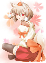 Rule 34 | 1girl, animal ears, black thighhighs, bow, chus, colored eyelashes, detached sleeves, fang, female focus, full body, gradient background, grey hair, hat, highres, indian style, inubashiri momiji, large bow, looking back, open mouth, red eyes, short hair, sitting, skirt, smile, solo, tail, thighhighs, tokin hat, touhou, turtleneck, white background, wolf ears, wolf tail, zettai ryouiki