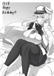 Rule 34 | 1girl, absurdres, between breasts, black gloves, breasts, buttons, cross, cup, gloves, graf zeppelin (kancolle), hair between eyes, hat, highres, holding, holding cup, iron cross, jacket, kantai collection, large breasts, looking at viewer, military, military uniform, mug, necktie, necktie between breasts, pantyhose, peaked cap, pleated skirt, purple eyes, sidelocks, simple background, skirt, tsurime, twintails, umauma (trggercross), uniform