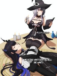 Rule 34 | anyacchi, black choker, black dress, black hair, breasts, candle, choker, cleavage, dress, fur trim, grey hair, hair ornament, highres, hololive, hololive english, kneeling, large breasts, long hair, lying, magic circle, multicolored hair, nerissa ravencroft, nerissa ravencroft (1st costume), on back, ritual, shiori novella, shiori novella (1st costume), smile, split-color hair, thighhighs, two-tone hair, vial, virtual youtuber, witch, yellow eyes