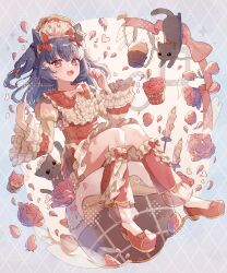 Rule 34 | 1girl, :3, animal ears, artist name, black hair, bow, bow hairband, bowtie, braid, buttons, candle, capelet, cat, cat ears, cat girl, cat tail, center frills, commentary, falling petals, flower, food, footwear bow, frilled leg warmers, frilled skirt, frilled sleeves, frills, from side, fruit, full body, grey background, hair bow, hair ornament, hairband, hairclip, hands up, headdress, heart, highres, holding, holding food, holding fruit, ice cream, juliet sleeves, leg warmers, long sleeves, medium hair, open mouth, original, petals, pink bow, pink bowtie, puffy sleeves, red bow, red capelet, red eyes, red flower, red footwear, red leg warmers, red rose, red skirt, rose, shoes, side braid, signature, single braid, sitting, skirt, skirt set, solo, strawberry, symbol-only commentary, tail, too many, too many frills, tsukumi bis, two side up