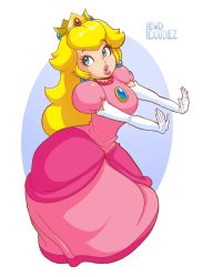 Rule 34 | 1girl, :o, arched back, artist name, blonde hair, blue eyes, breasts, brooch, crown, dress, earrings, elbow gloves, eyelashes, gloves, highres, jewelry, large breasts, lewddoodlez, lips, long hair, looking back, mario (series), nintendo, open mouth, outstretched arms, pink dress, princess peach, sidelocks, simple background, solo, sphere earrings, super mario bros. 1