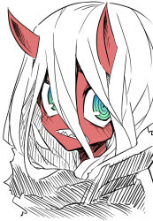 Rule 34 | 10s, 1girl, aged down, colored skin, commentary request, darling in the franxx, hair between eyes, horns, jin (mugenjin), limited palette, looking at viewer, portrait, red skin, robe, sharp teeth, simple background, solo, spoilers, teeth, upper body, white background, zero two (darling in the franxx)